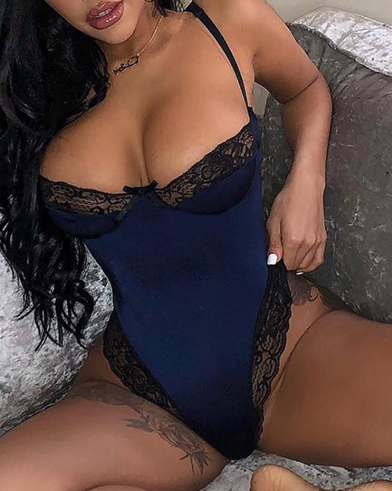 

Lace Trim Bowknot Satin Teddy, Dark blue
