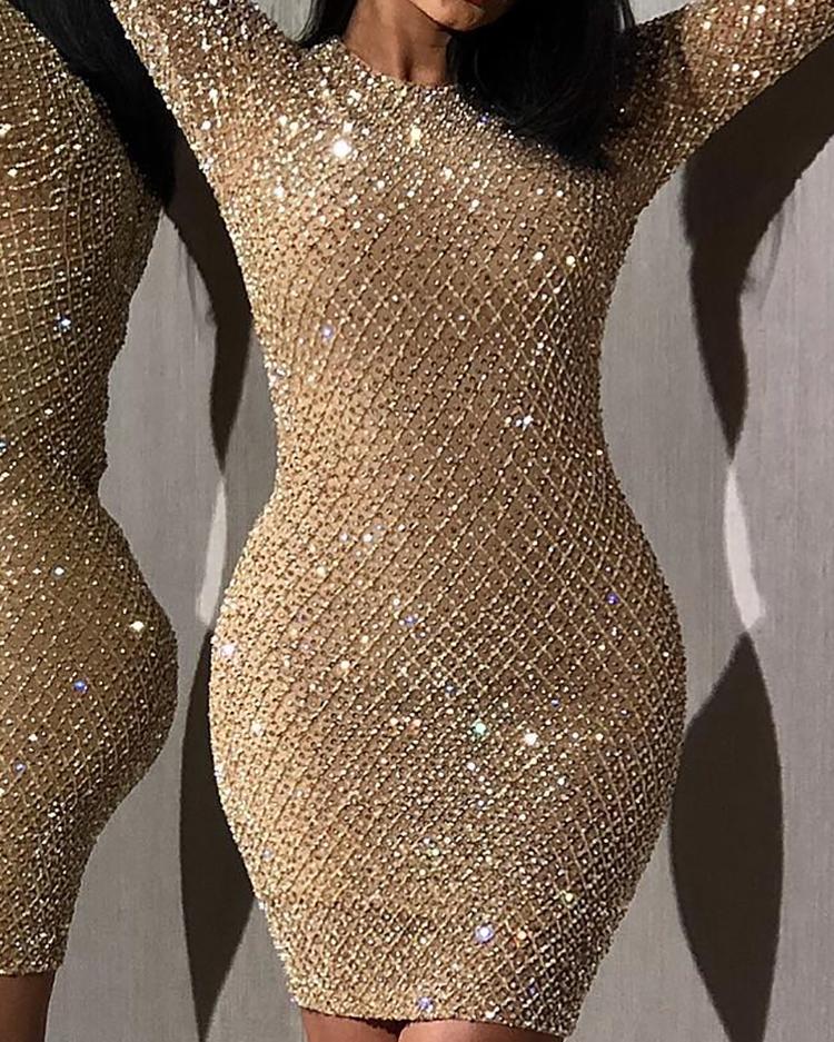 

Shiny Long Sleeve Bodycon Dress, Gold