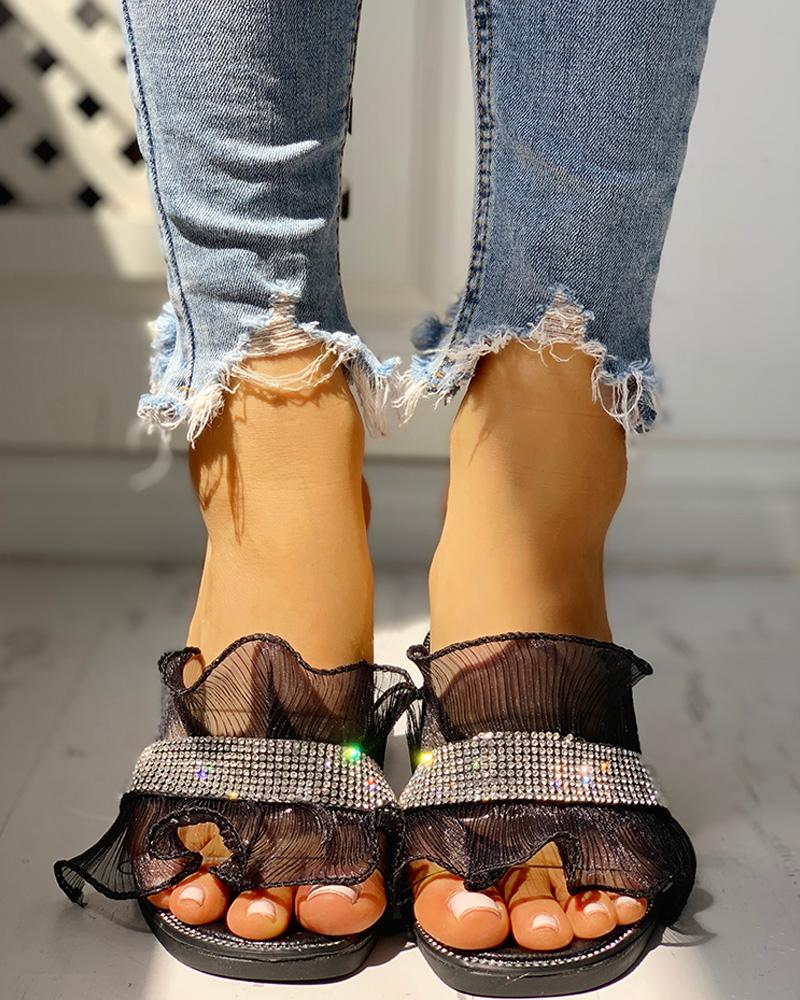 

Studded Ruffles Mesh Design Casual Sandals, Black
