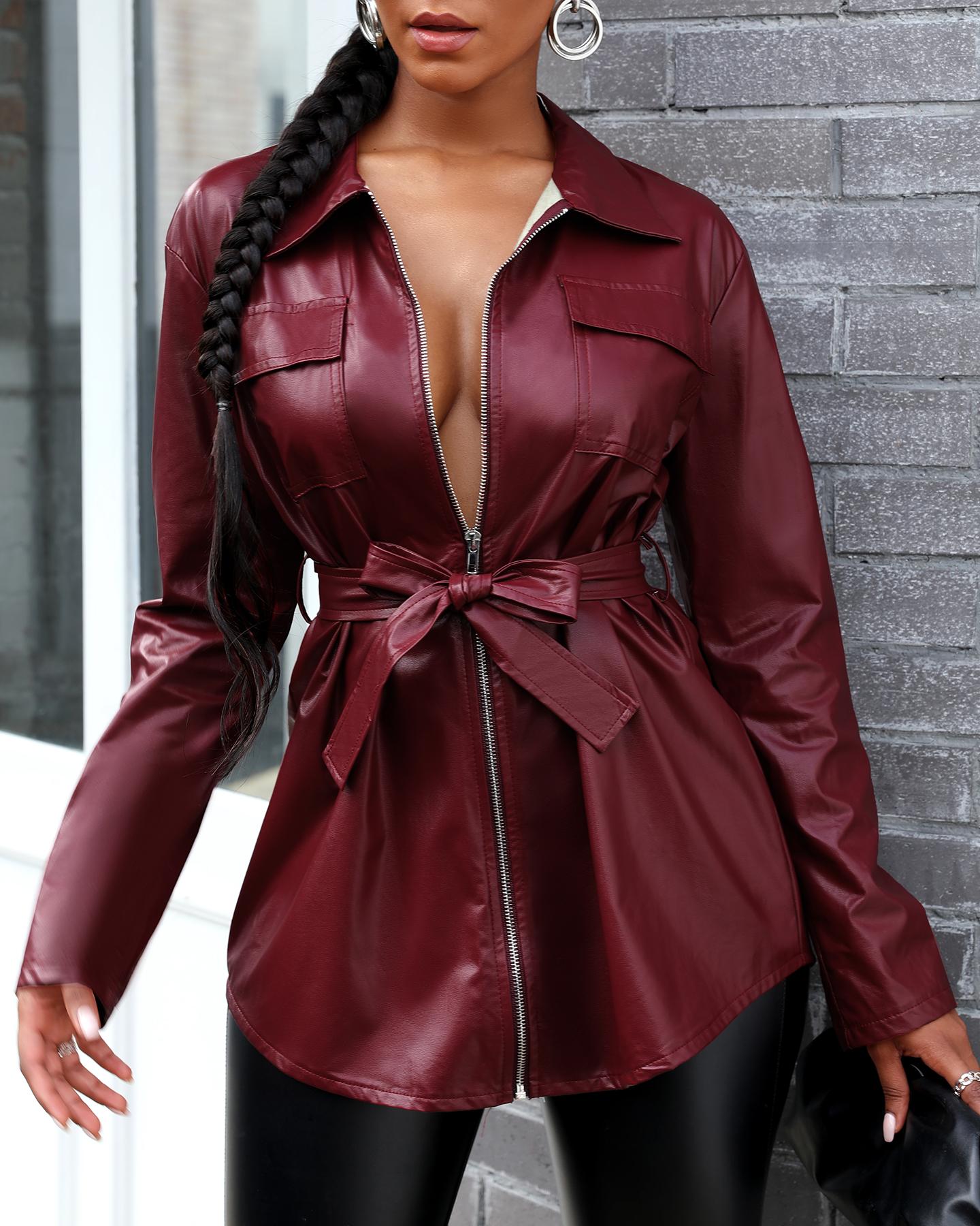 

Zipper Design PU Leather Coat, Red