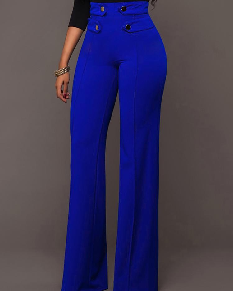 

Buttoned High Waist Wide Leg Pants, Blue