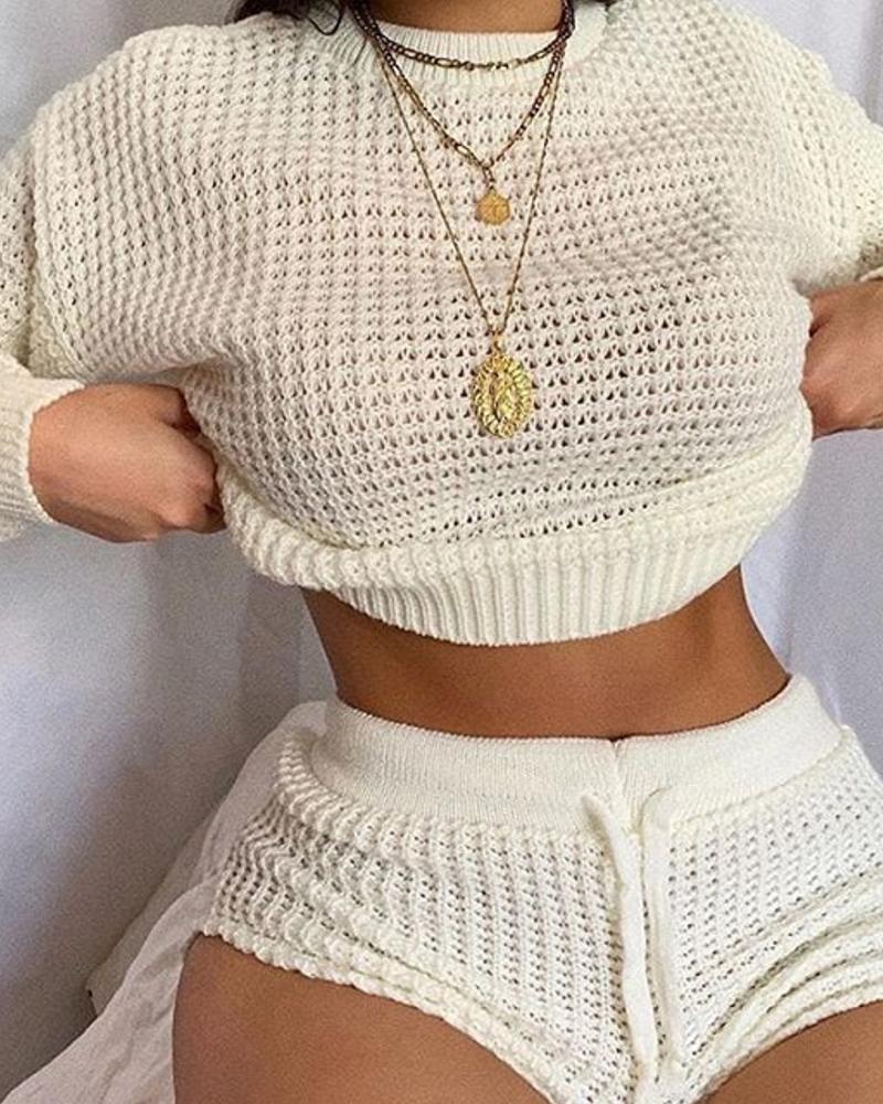 

Solid Hollowout Knitted Sweater & Short Set, White