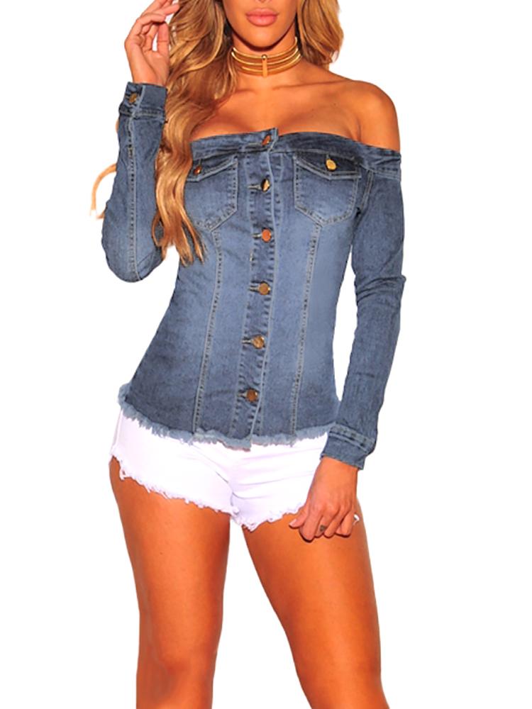 

Fashion Off Shoulder Button Denim Casual Top, Light blue
