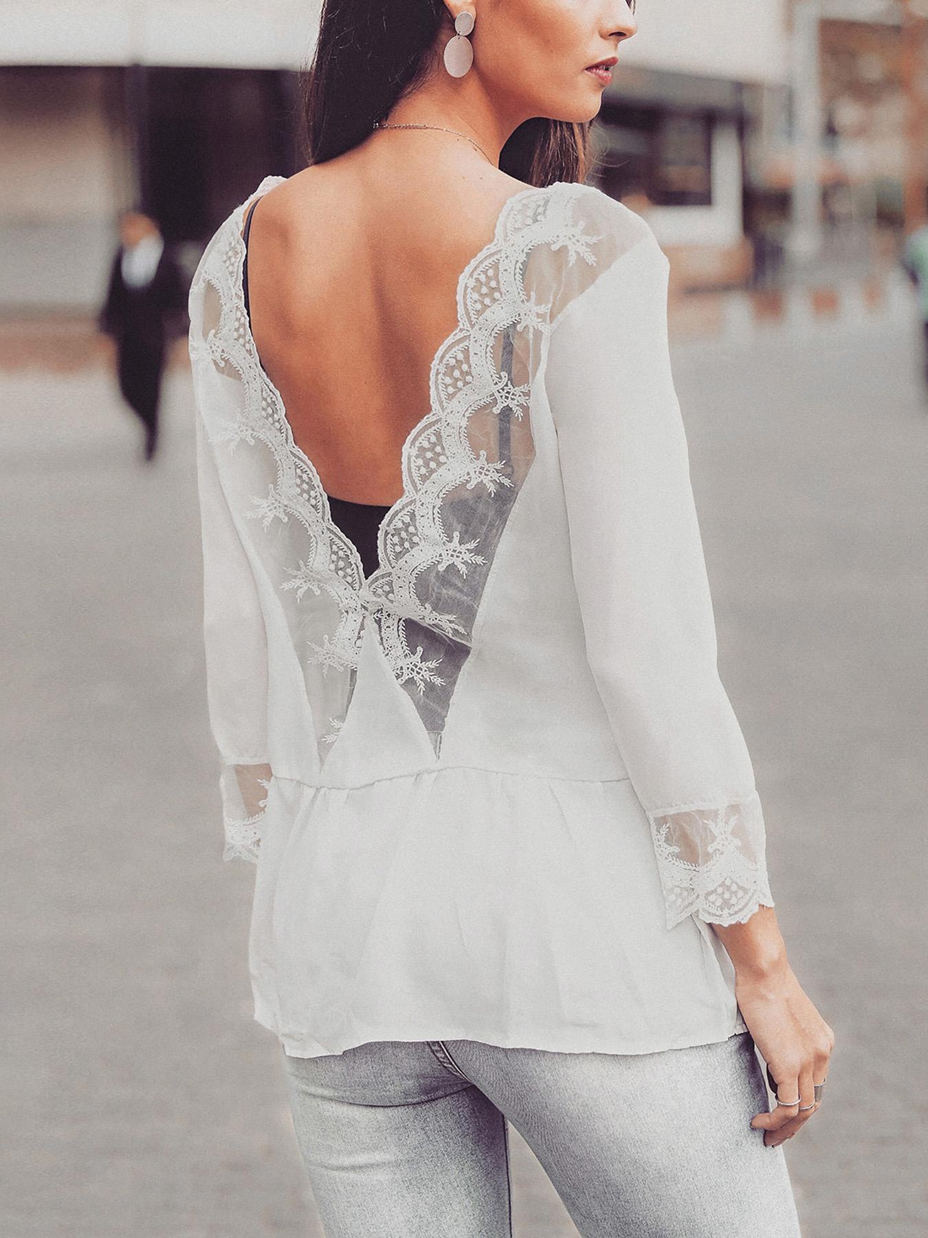 

Solid Scalloped Lace Insert Backless Blouse