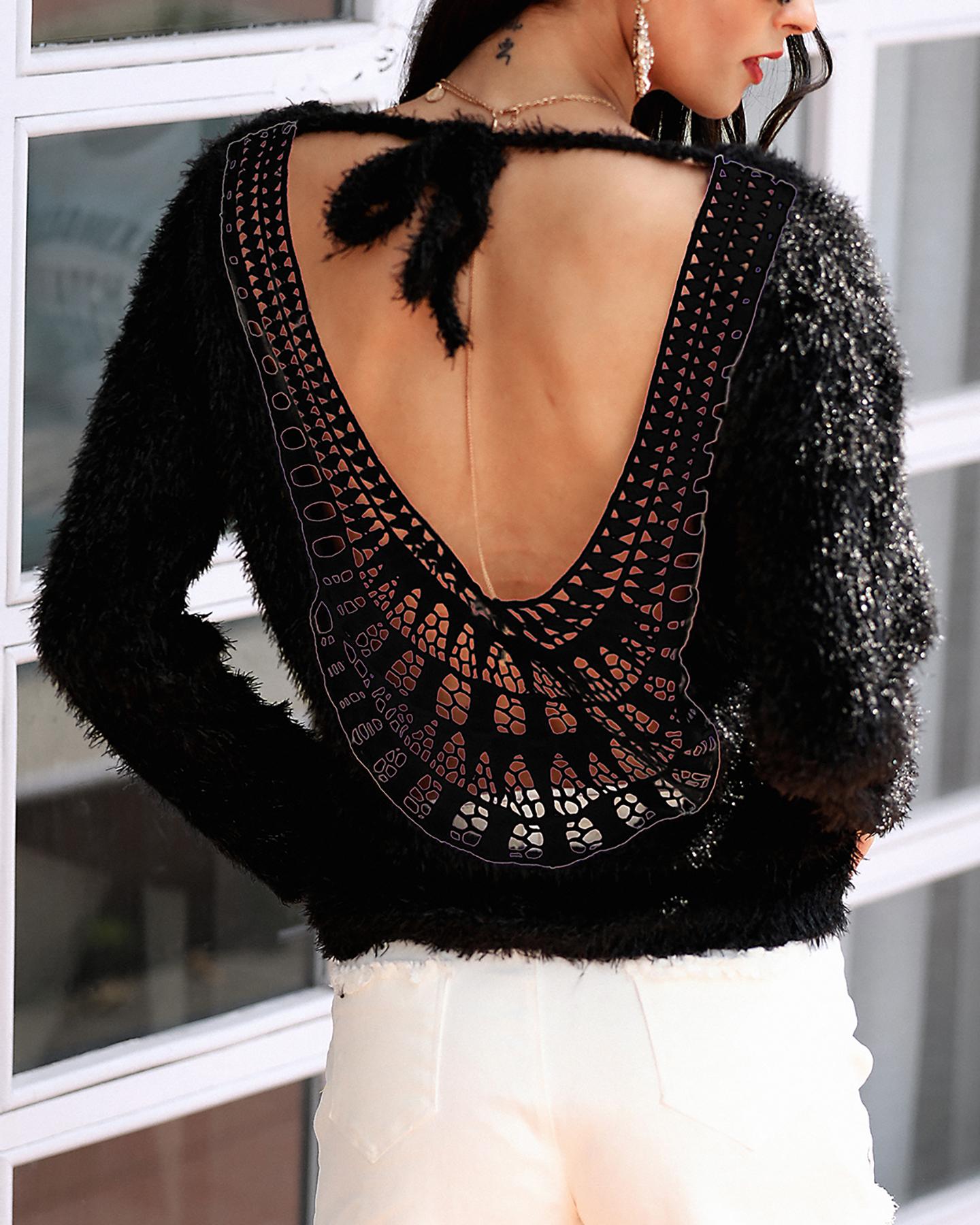 

Solid Hollow Out Insert Open Back Fluffy Blouse