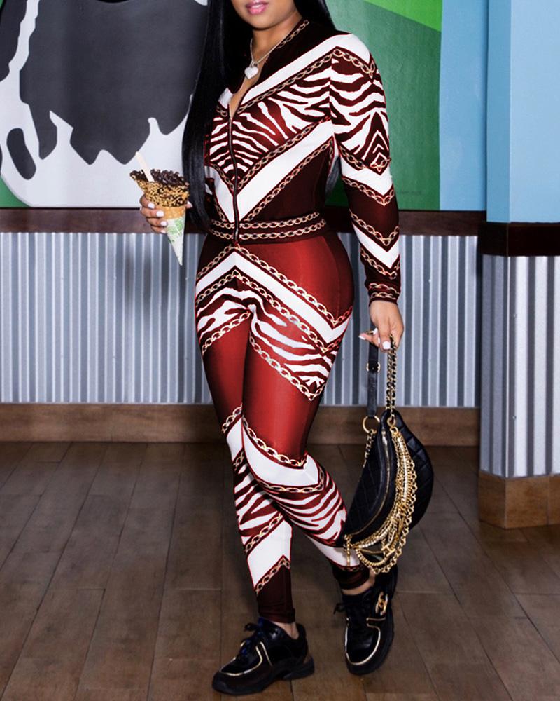 

Chain Print Zipper Jacket With Pants Set, Wine red