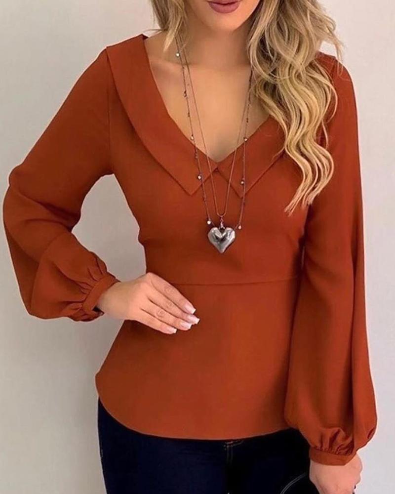 

Solid Lantern Sleeve Lapel Collar Blouse, Brown