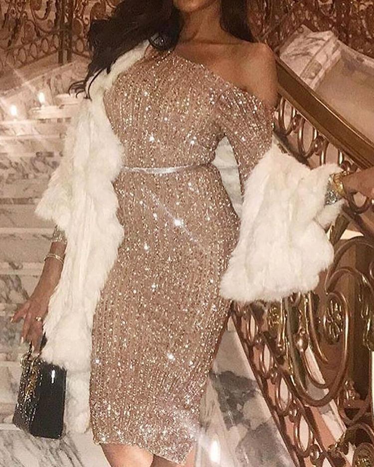 

Skew Neck Sequin Party Dress, Gold