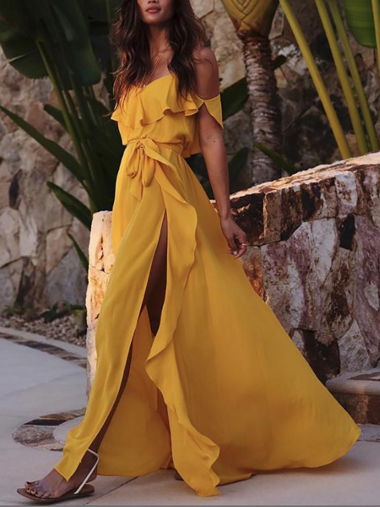 

Flounce Cold Shoulder Self-belt Split Maxi Dress