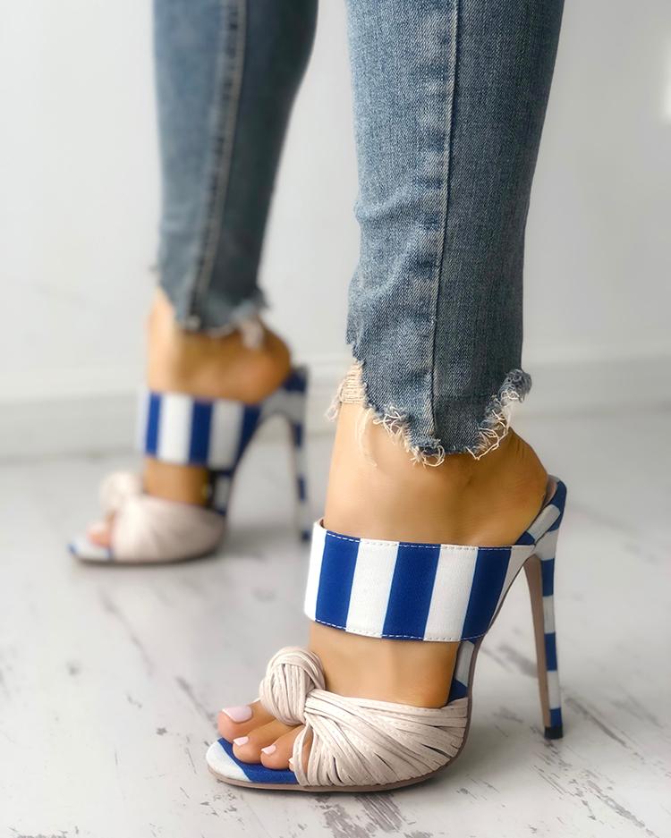 

Striped Knotted Thin Heeled Sandals, Blue