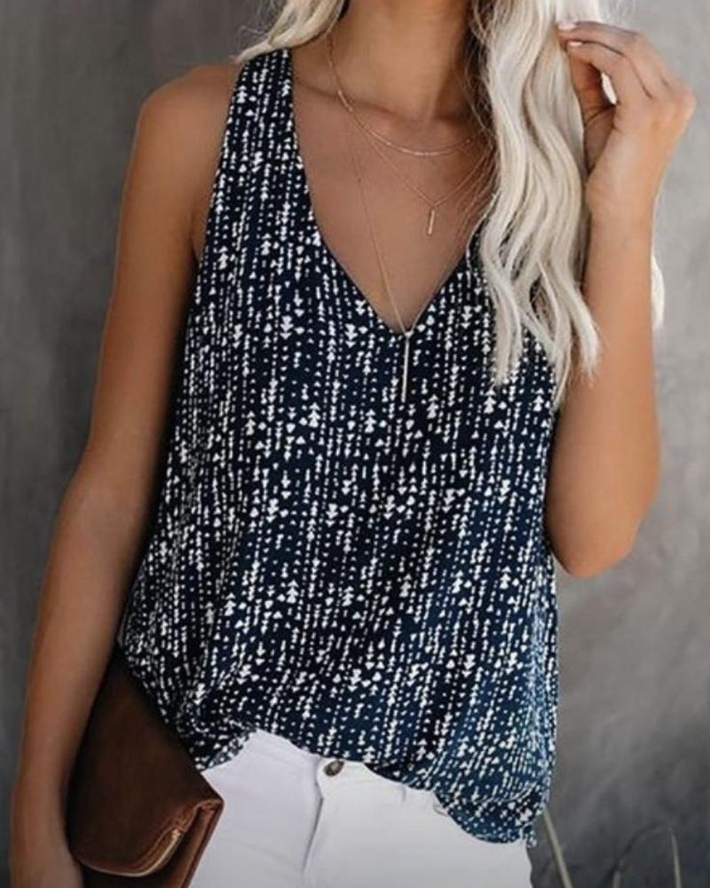 

V Neck Print Casual Tank Top, Black