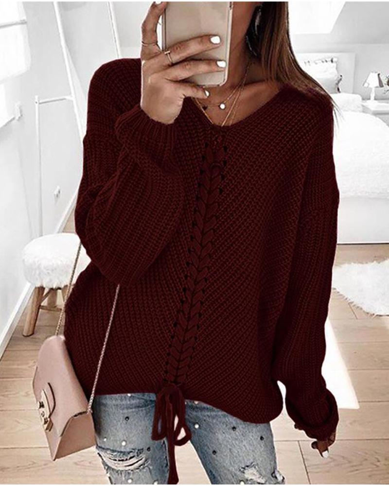 

V Neck Rib Knit Sweater, Wine red