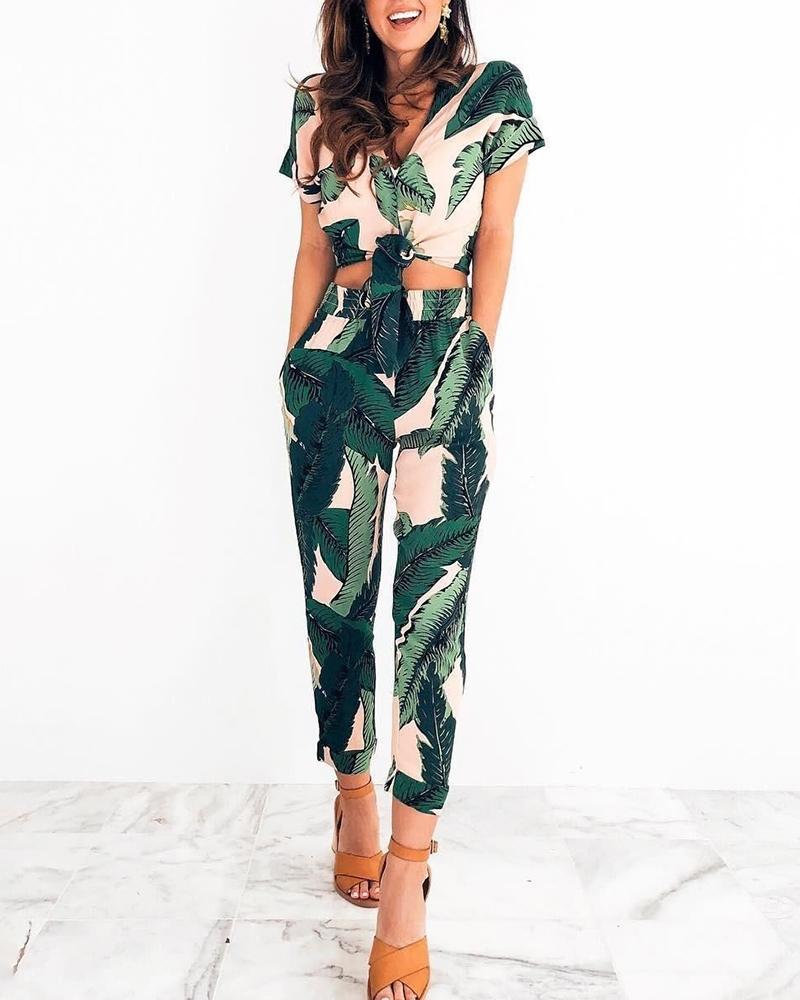 

Tropical Print Knotted Top With Pants Set, Green