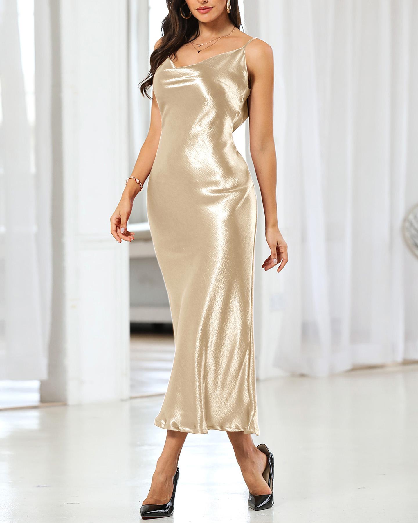 

Spaghetti Strap Drape Neck Open Back Dress, Gold