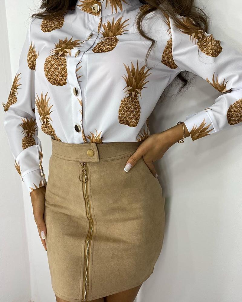 

Pineapples Print Long Sleeve Blouse, White