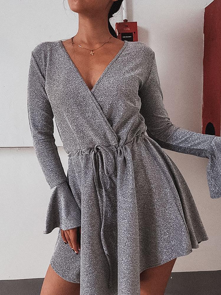 

Glitter Surplice Front Drawstring Irregular Party Dress