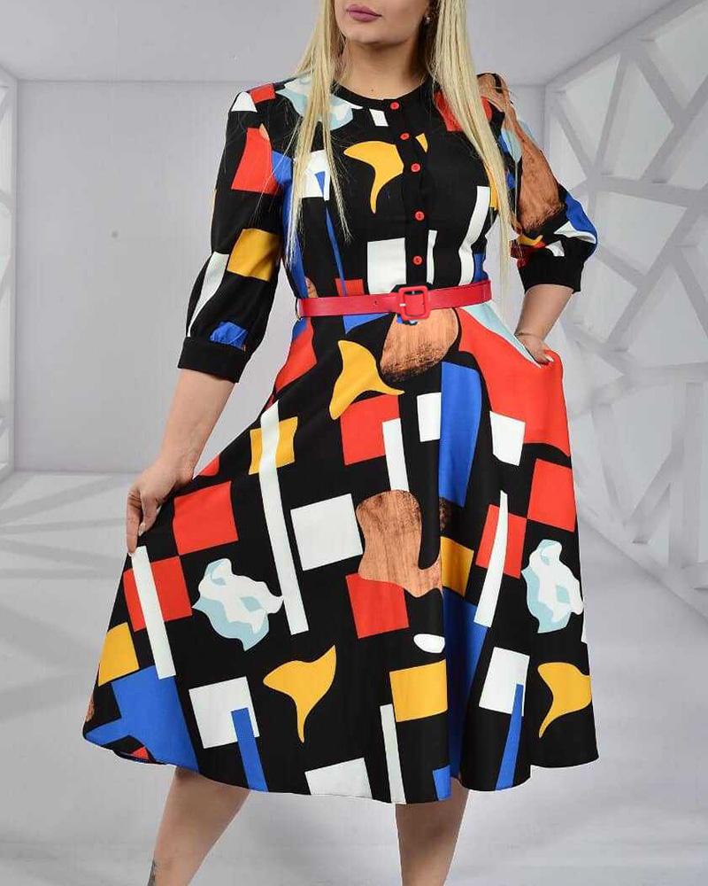 

Colorblock Print Work Dress With Belt