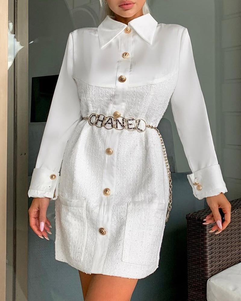 

Buttoned Pocket Design Long Sleeve Dress, White