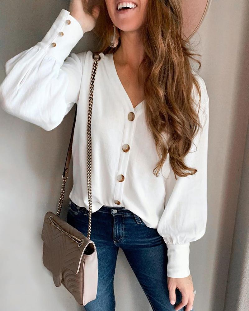 

Lantern Sleeve Buttoned Popper Cuff Blouse