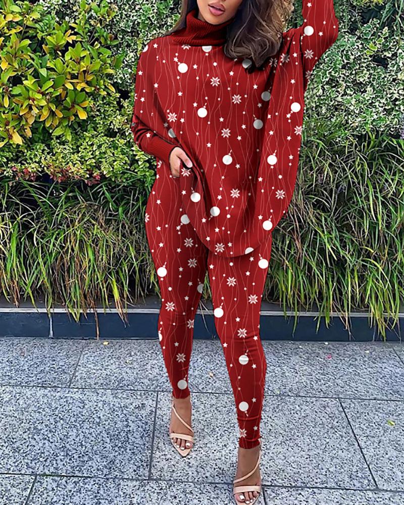 

Christmas Print High Neck Top & Skinny Pants Set, Red