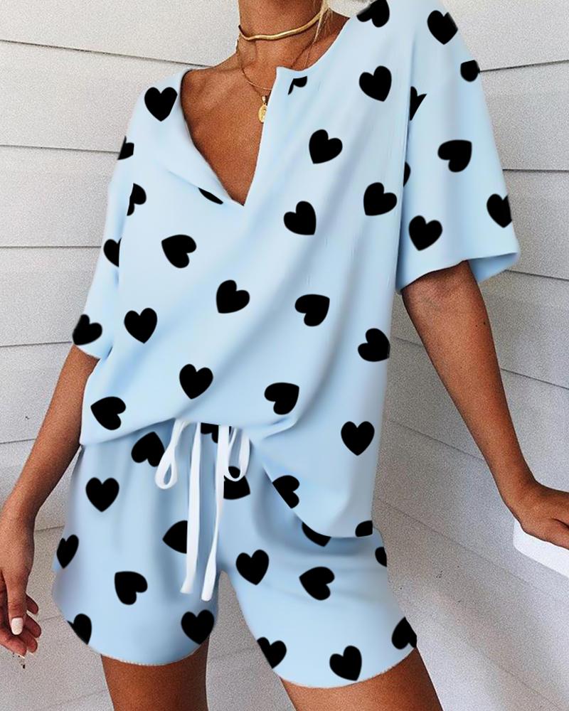 

Heart Print V-neck Pajamas Set, Sky blue