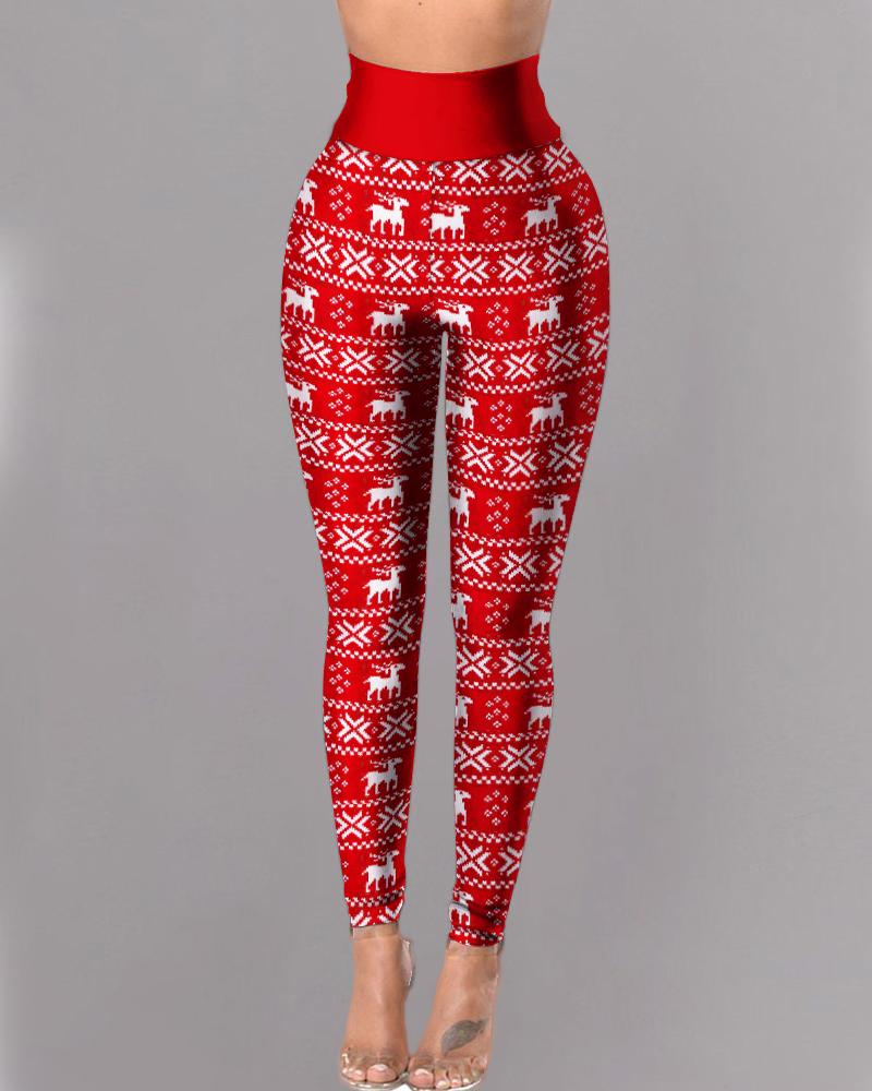 

High Waist Christmas Print Skinny Pants, Red