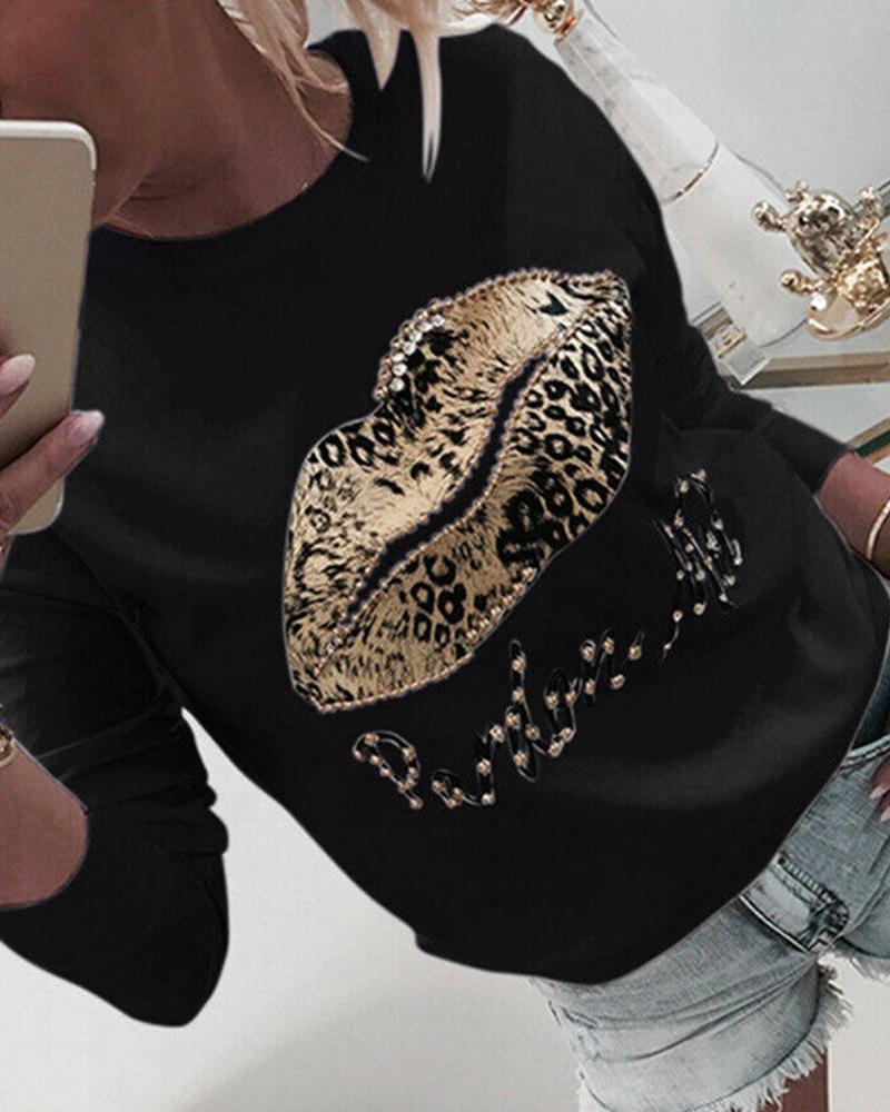 

Leopard Lip Print Long Sleeve Sweatshirt, Black