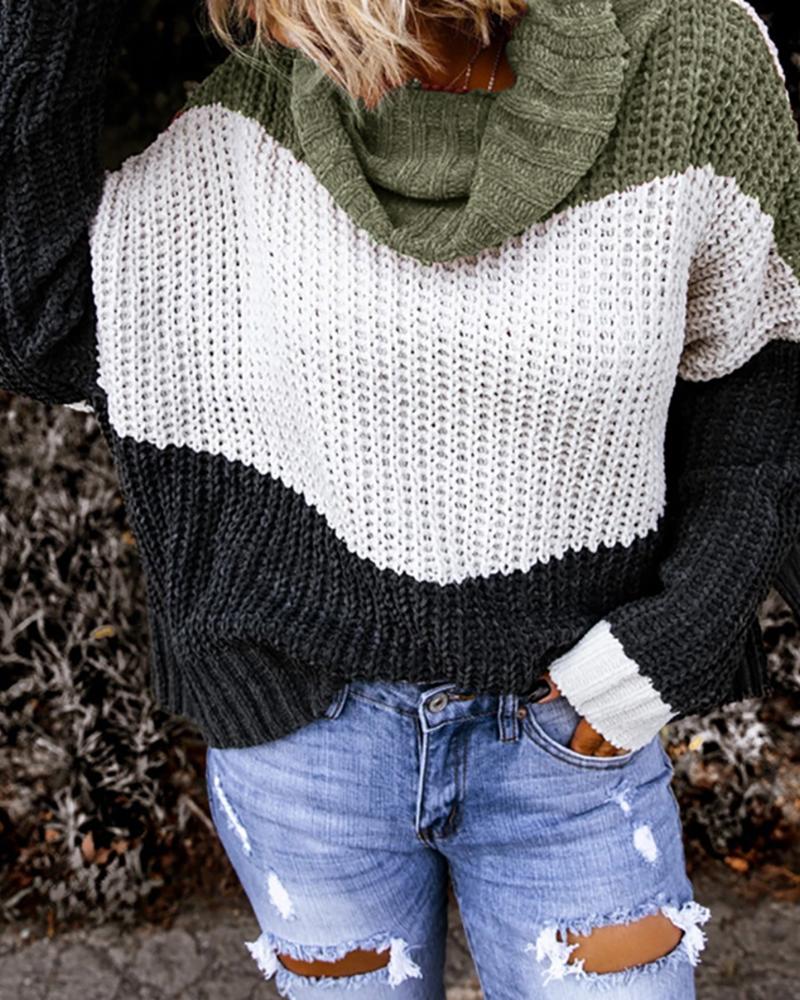 

Colorblock Long Sleeve Casual Sweater, Army green