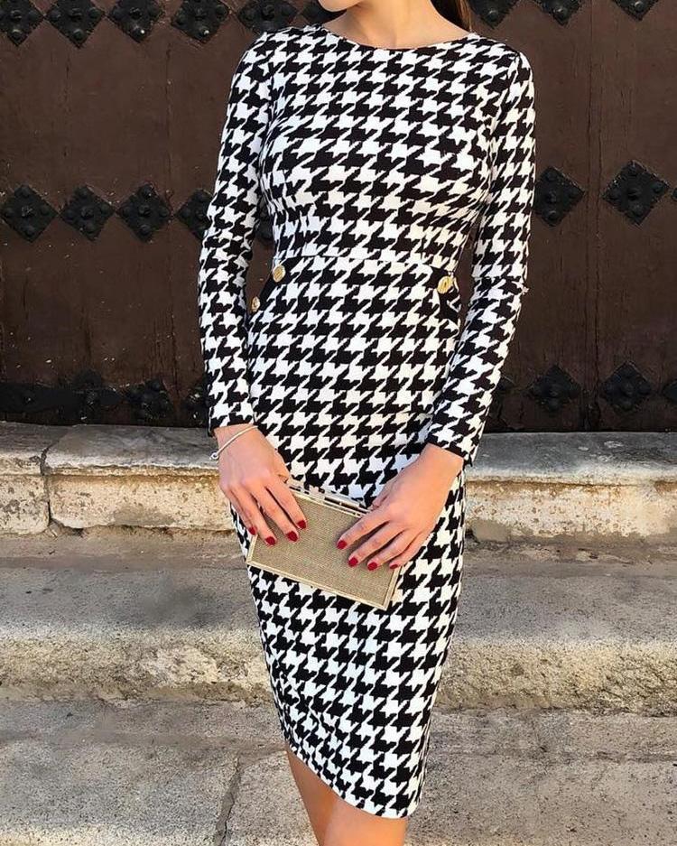 

Houndstooth Print Long Sleeve Dress, Black
