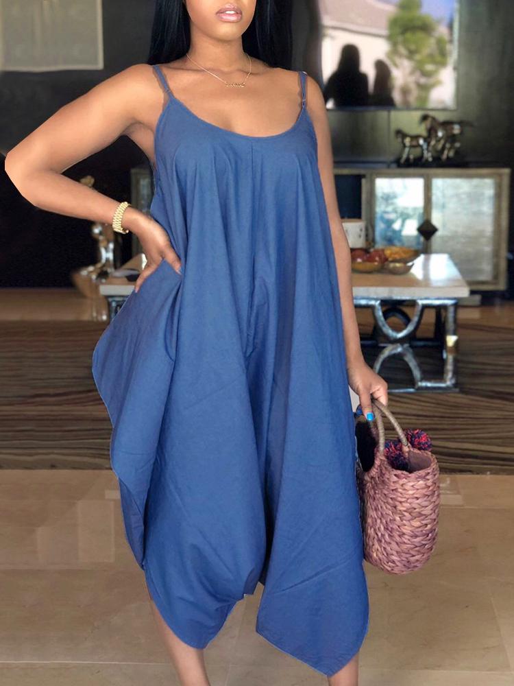 

Solid Spaghetti Strap Harem Denim Jumpsuit