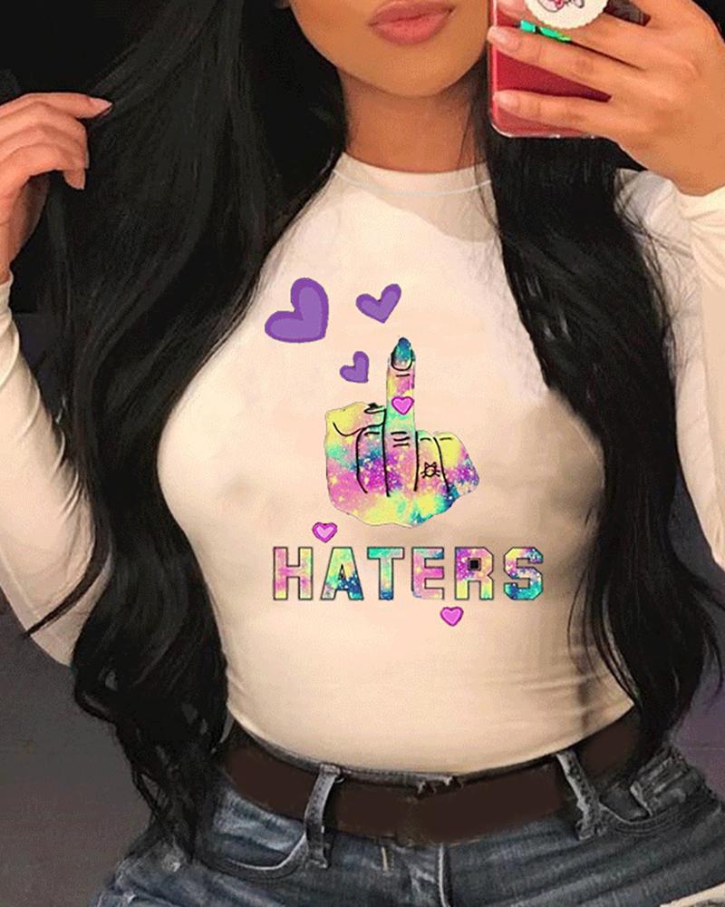 

Letter / Heart /Slogan Print Long Sleeve Casual T-shirt, White
