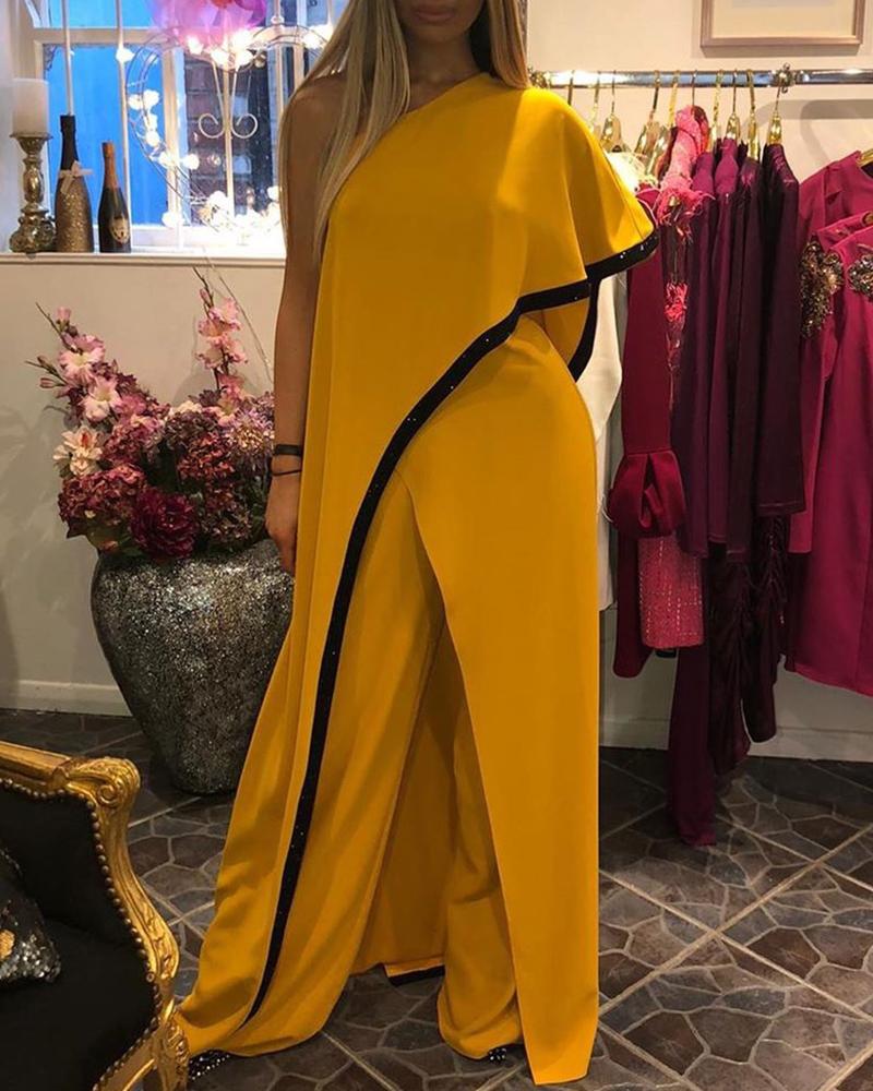 

One Shoulder Contrast Binding Jumpsuit, Yellow