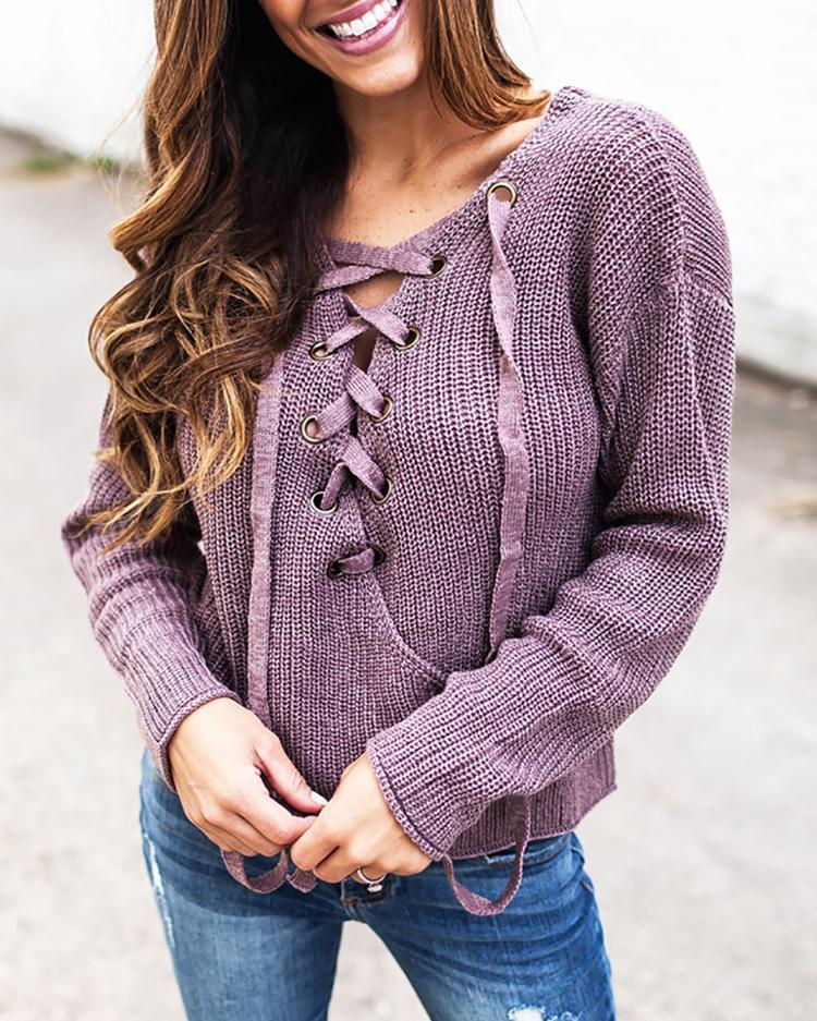 

Stylish Lace-up Open Back Sweater, Purple