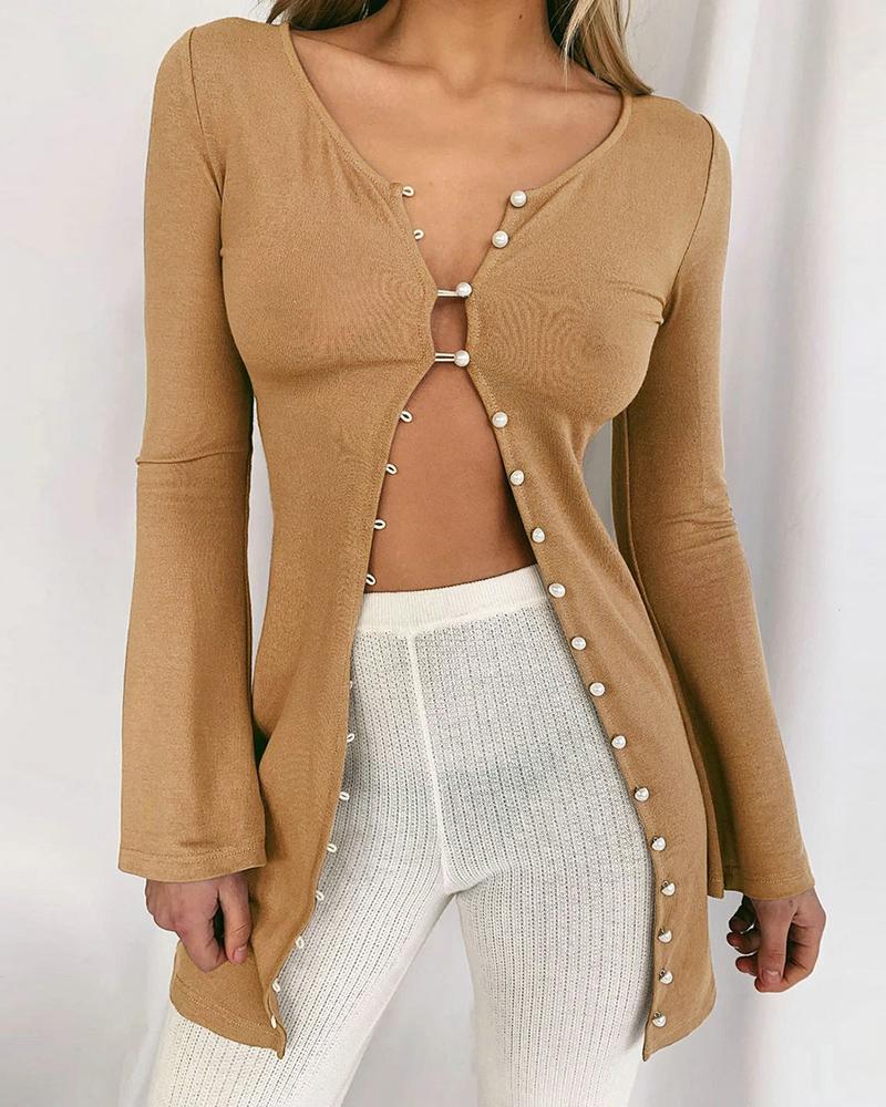 

Bell Sleeve Solid Beaded Casual Cardigan, Khaki