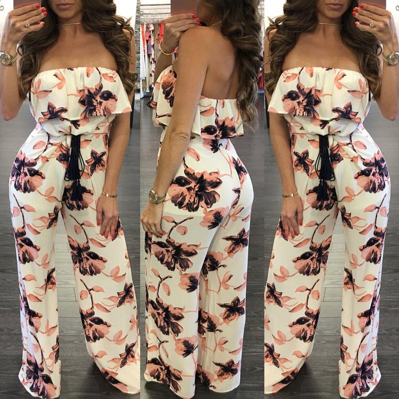 

Trendy Ruffled Floral Strapless Flared Jumpsuit, Multicolor