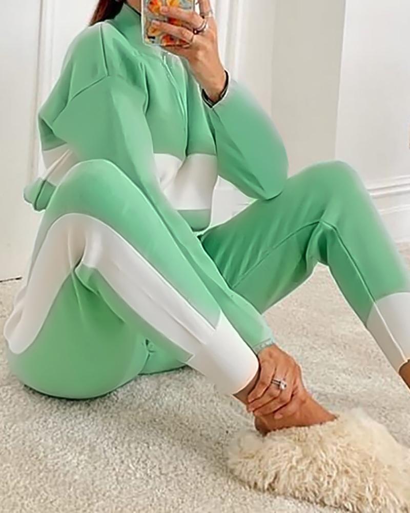 

Colorblock Zip Top & High Waist Pants Set, Green