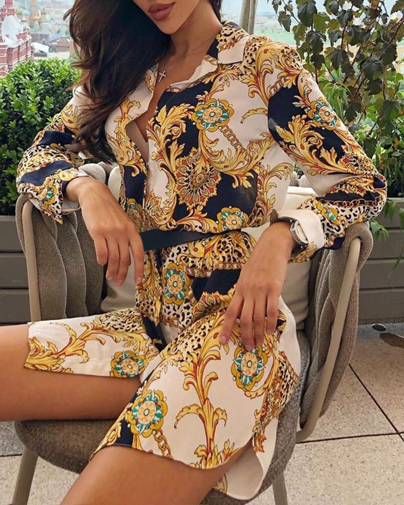 

Retro Print Buttoned Casual Shirt Dress, Multicolor