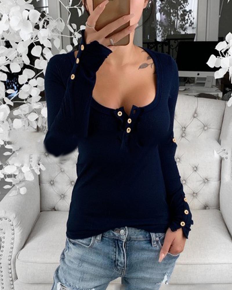 

Plunge Neck Ribbed Knit Top, Dark blue
