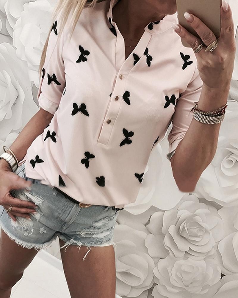 

Butterfly Print Stand Collar Casual Shirt, Light pink