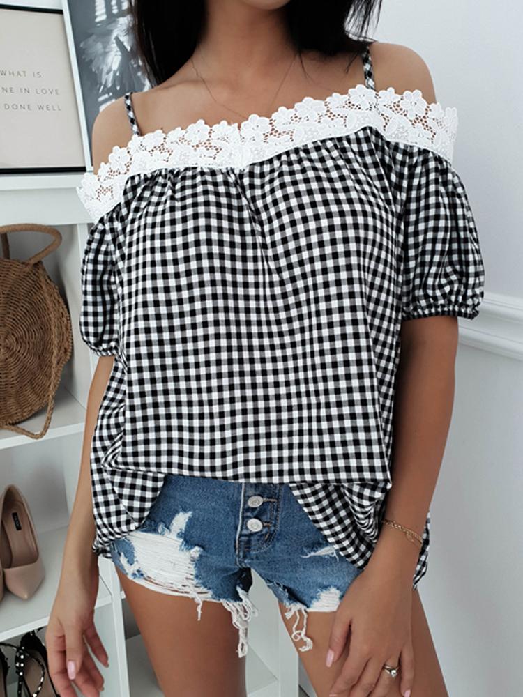 

Grid Print Flower Lace Splicing Casual Top, Red;blue;black