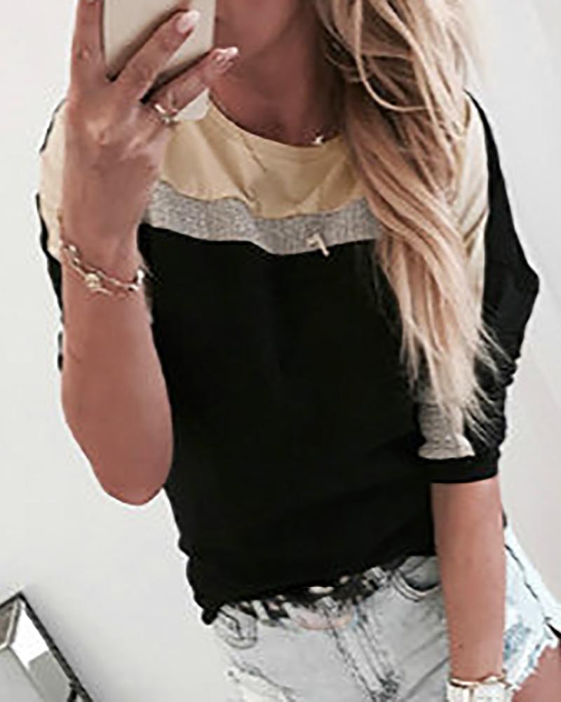

Round Neck Colorblock Half Sleeve Blouse, Black