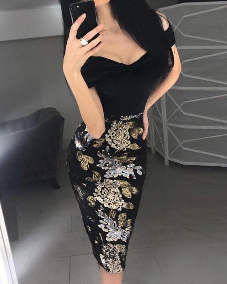 

Floral Embroidery Off Shoulder Sequin Dress, Black