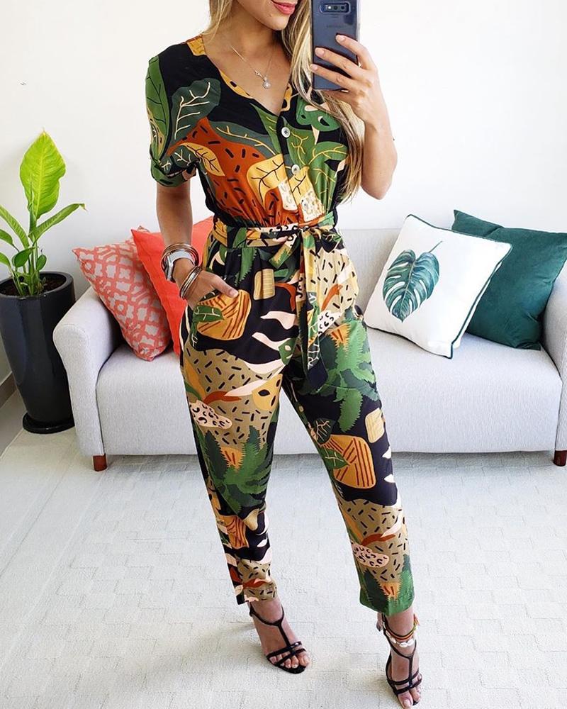 

Tropical Print Short Sleeve Casual Jumpsuit