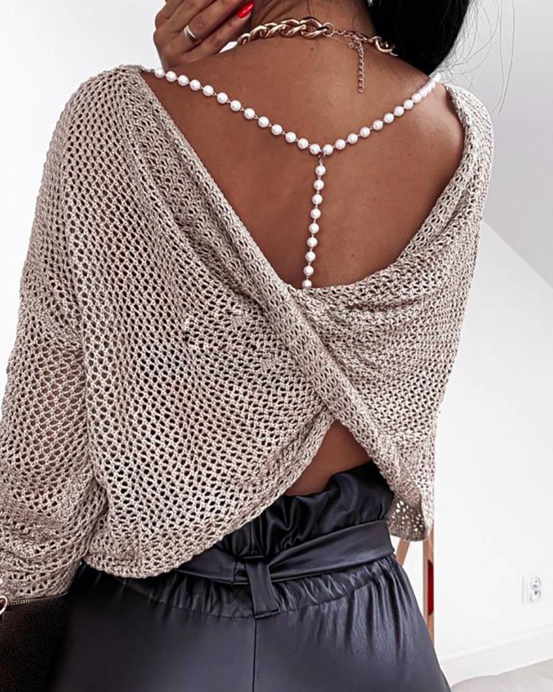 

Beaded Plain Hollow Out Backless Sweater, Beige