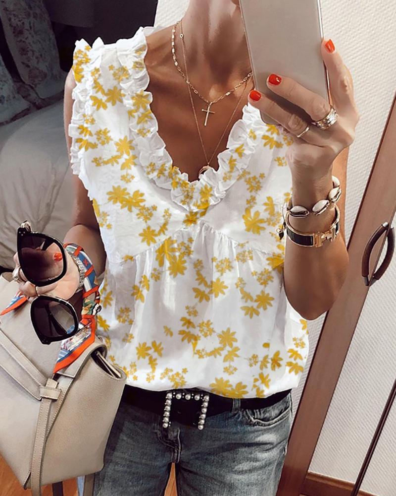 

Frill Hem Floral Print Ruched Casual Tank Top, Yellow
