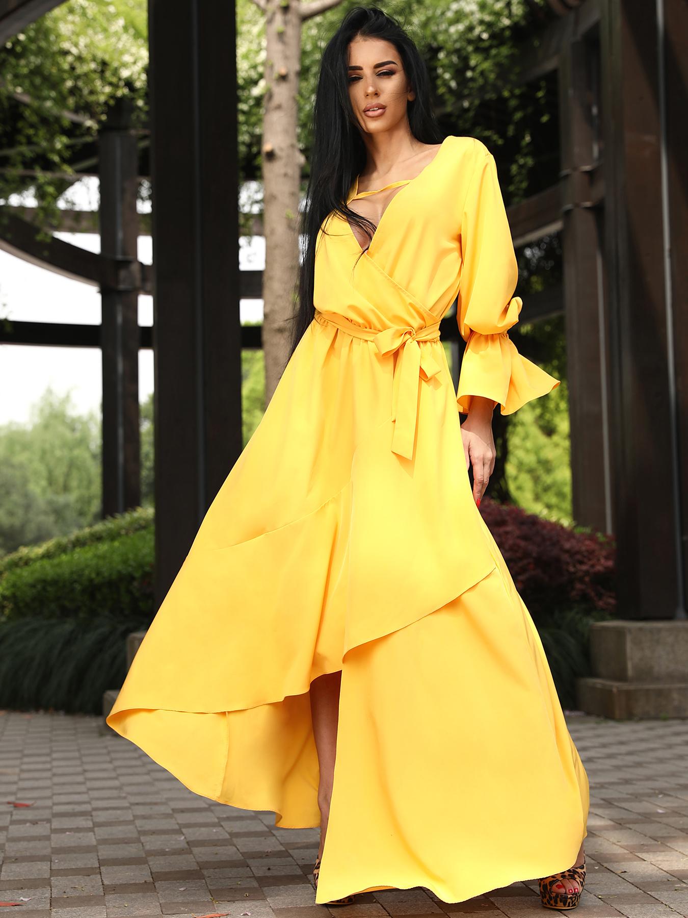 

Asymetrical Ruffle Tie Waist Dip Hem Wrap Dress, Yellow