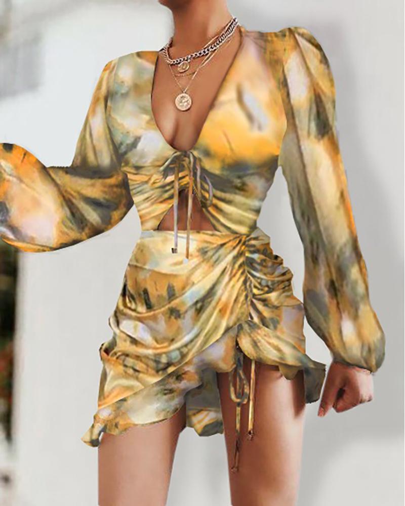 

Abstract Print Drawstring Design Ruched Dress