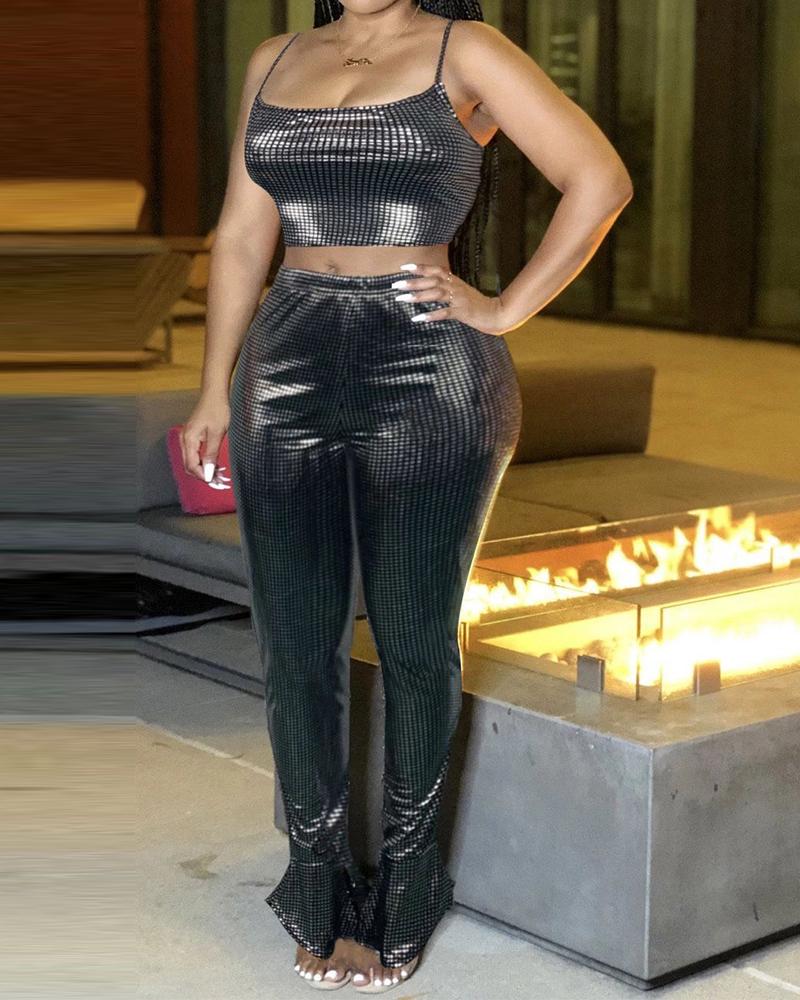 

Studded Spaghetti Strap Crop Top & Flared Pants Set, Silver