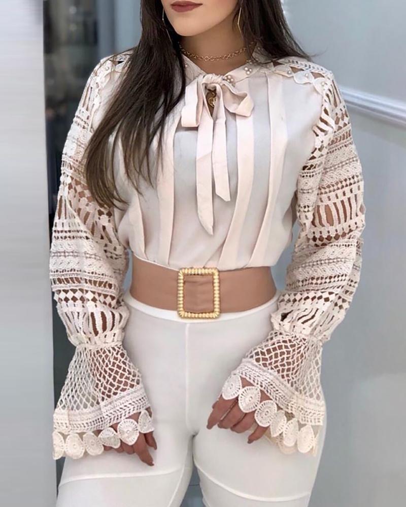 

Beaded Hollow Out Bell Cuff Blouse, Pink