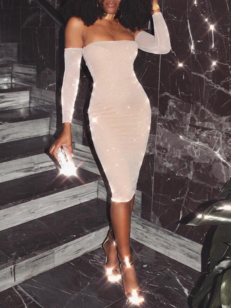 

Glittering Off Shoulder Bodycon Midi Dress